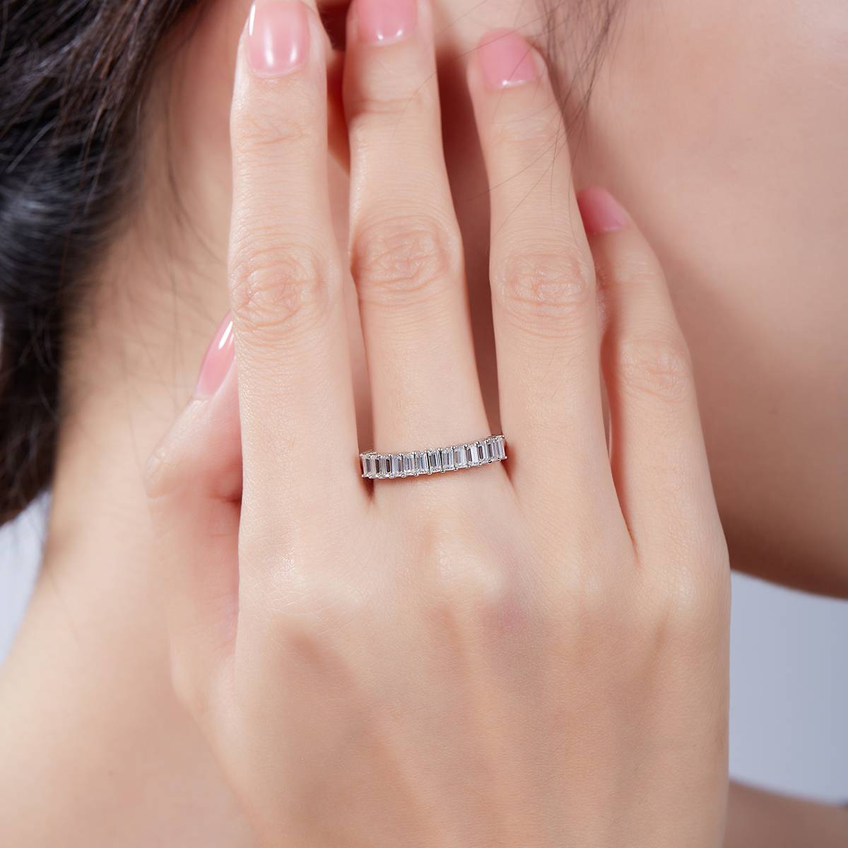 Rectangular S925 silver plated platinum Moissanite women's ring 1.0 carat D-grade